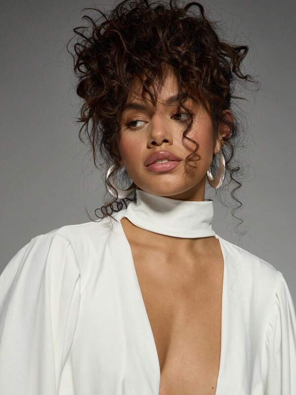 Missguided MISSGUIDED Elegant Choker Neck Draped Puff Sleeve Wrap Style Short Dress