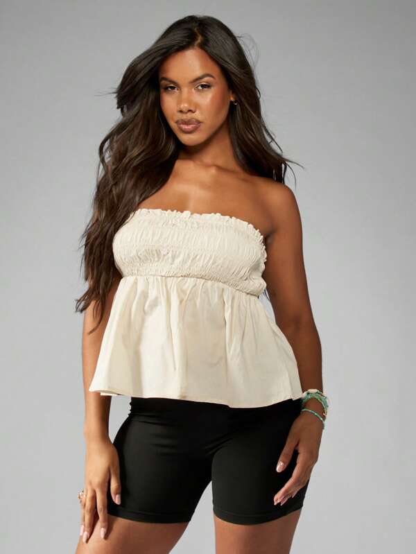 missguided MISSGUIDED Elegant Cotton Shirred Peplum Strapless Top