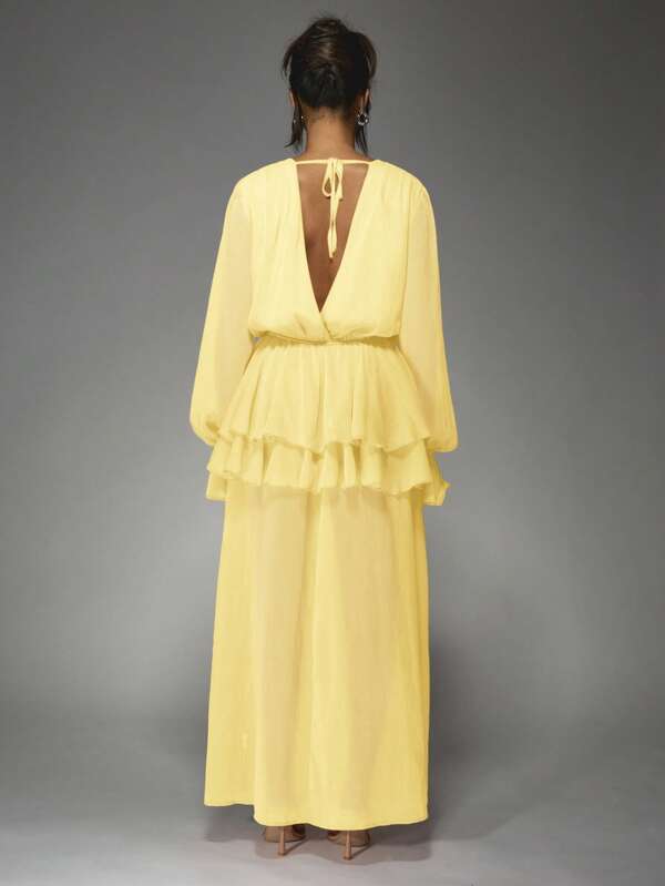 Missguided MISSGUIDED Elegant Cowl Neck Ruffle Long Bishop Sleeves High Side Slit Maxi Dress