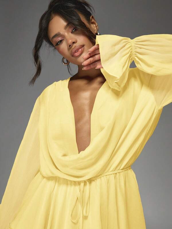 Missguided MISSGUIDED Elegant Cowl Neck Ruffle Long Bishop Sleeves High Side Slit Maxi Dress