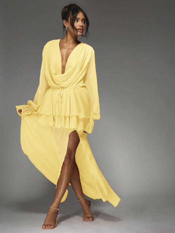 Missguided MISSGUIDED Elegant Cowl Neck Ruffle Long Bishop Sleeves High Side Slit Maxi Dress