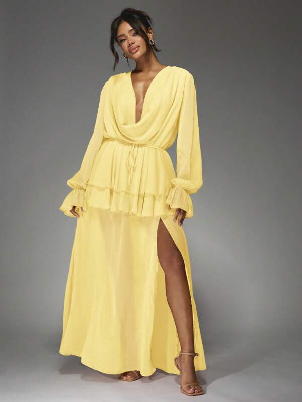 missguided MISSGUIDED Elegant Cowl Neck Ruffle Long Bishop Sleeves High Side Slit Maxi Dress