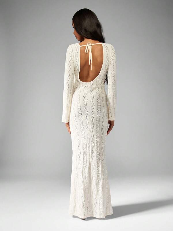Missguided MISSGUIDED Elegant Crochet Long Sleeve Stretch Tie Back Long Dresses