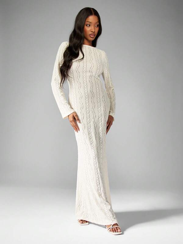Missguided MISSGUIDED Elegant Crochet Long Sleeve Stretch Tie Back Long Dresses