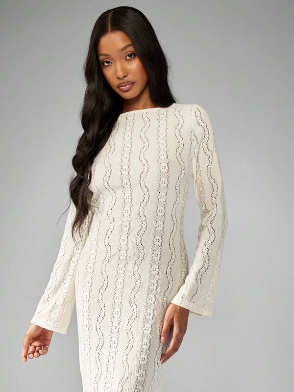 Missguided MISSGUIDED Elegant Crochet Long Sleeve Stretch Tie Back Long Dresses