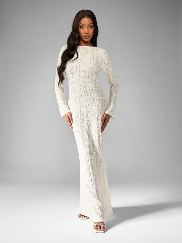 missguided MISSGUIDED Elegant Crochet Long Sleeve Stretch Tie Back Long Dresses