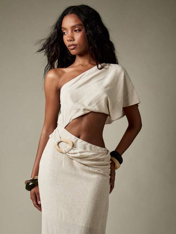 Missguided MISSGUIDED Elegant Cut Out Linen One Shoulder Maxi Dress With Wicker Ring Detail