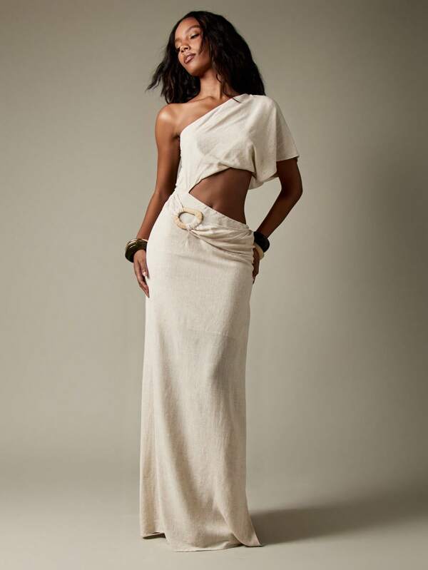 missguided MISSGUIDED Elegant Cut Out Linen One Shoulder Maxi Dress With Wicker Ring Detail