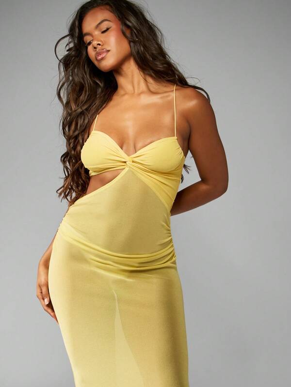 Missguided MISSGUIDED Elegant Cut Out Mesh Detail Ruched Bodycon Maxi Dress Gown