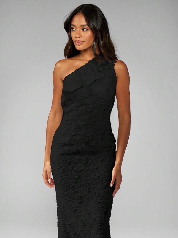 Missguided MISSGUIDED Elegant Devore One Shoulder Ruffle Maxi Dress