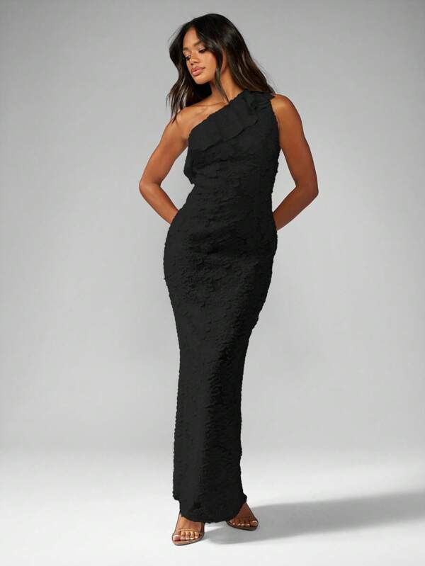 missguided MISSGUIDED Elegant Devore One Shoulder Ruffle Maxi Dress