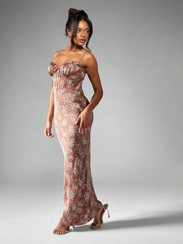 Missguided MISSGUIDED Elegant Ditsy Floral Satin Bustier Maxi Dress Sweetheart Neckline