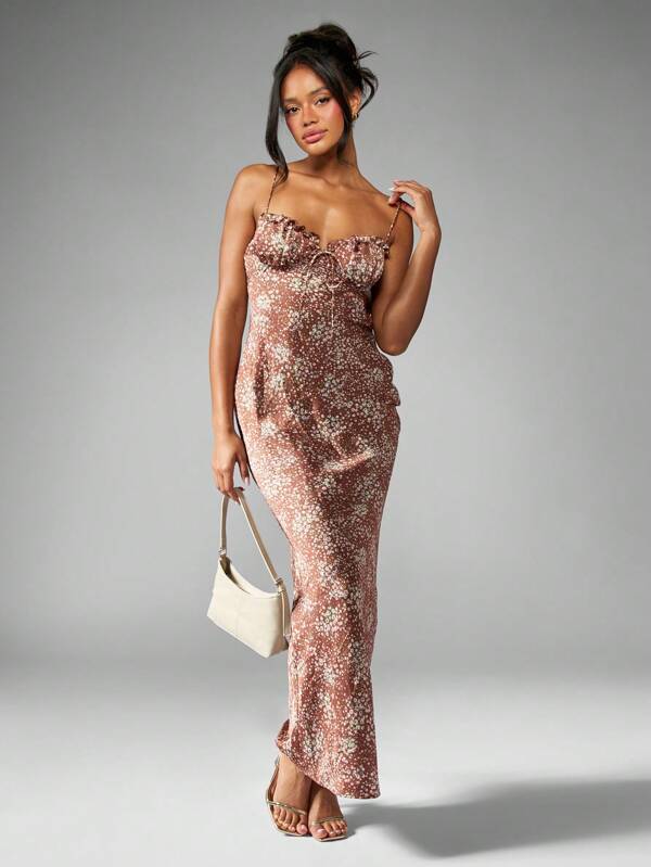 missguided MISSGUIDED Elegant Ditsy Floral Satin Bustier Maxi Dress Sweetheart Neckline