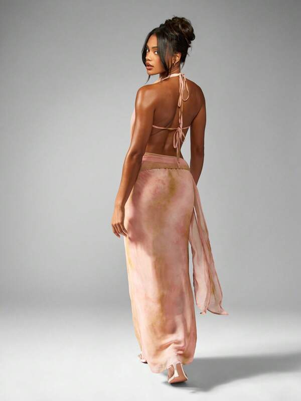 Missguided MISSGUIDED Elegant Draped Floor Length Chiffon Maxi Dress With Halter Cowl Neck Open Back