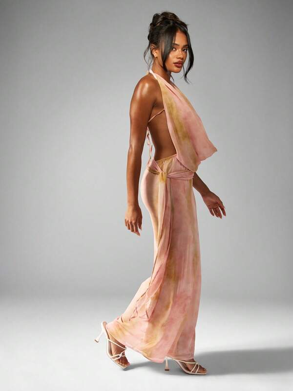 Missguided MISSGUIDED Elegant Draped Floor Length Chiffon Maxi Dress With Halter Cowl Neck Open Back