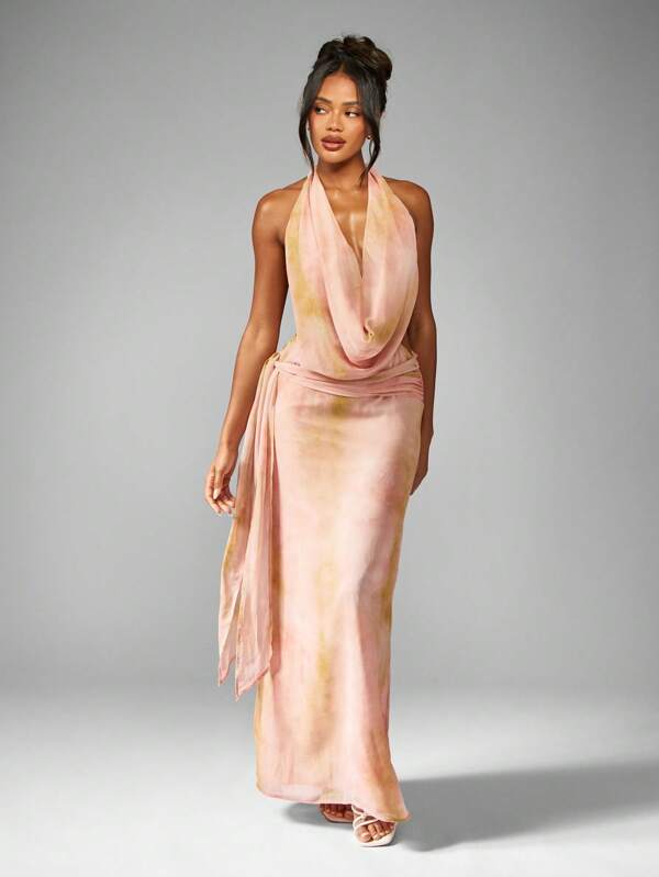 missguided MISSGUIDED Elegant Draped Floor Length Chiffon Maxi Dress With Halter Cowl Neck Open Back