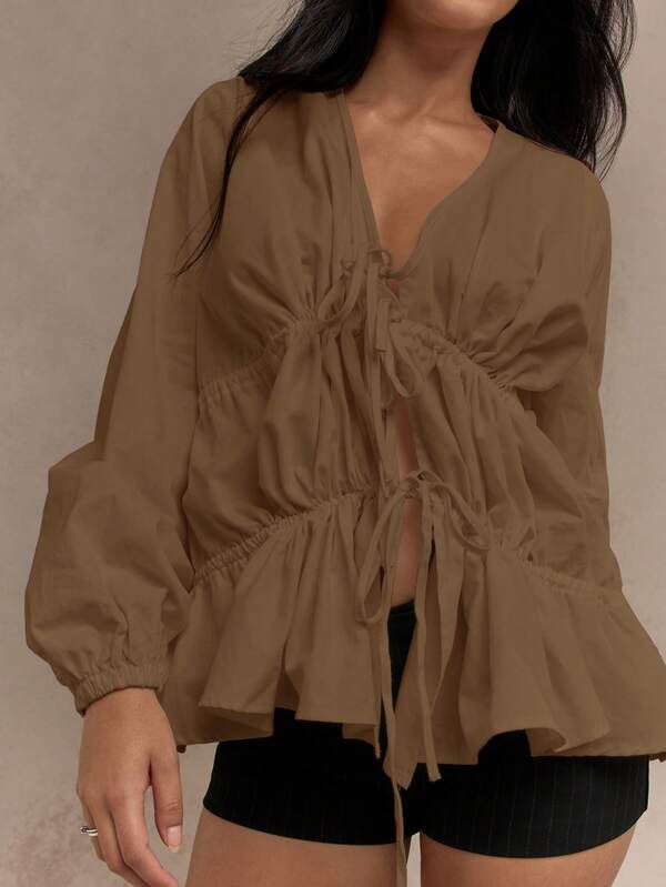 Missguided MISSGUIDED Elegant Drawstring Empire Waist Puff Sleeve Blouse
