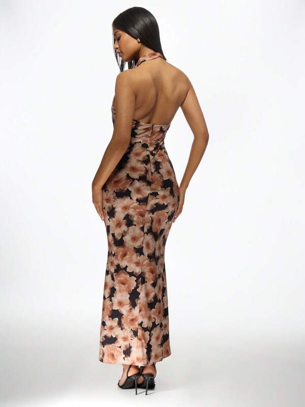 Missguided MISSGUIDED Elegant Fitted Floral Print Cowl Neck Long Dress