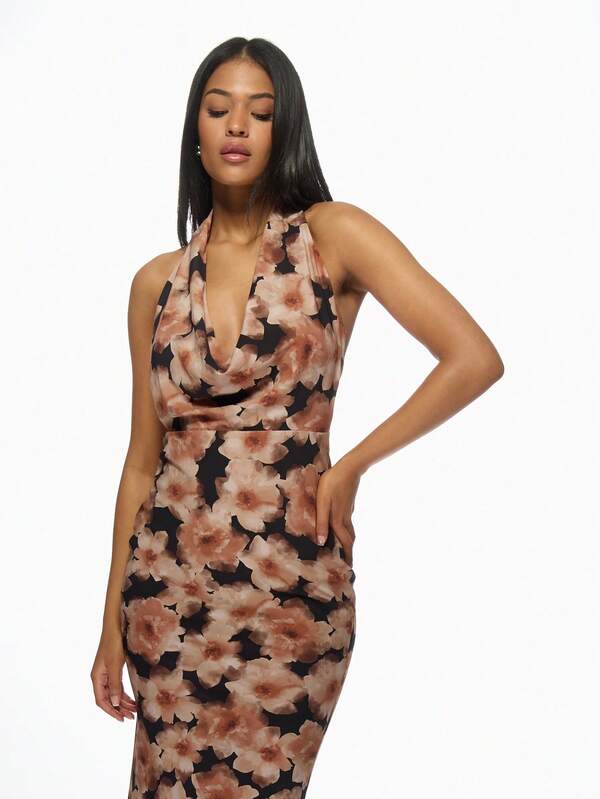 Missguided MISSGUIDED Elegant Fitted Floral Print Cowl Neck Long Dress
