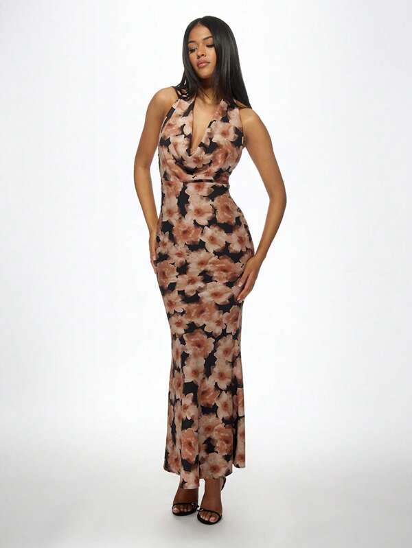 missguided MISSGUIDED Elegant Fitted Floral Print Cowl Neck Long Dress
