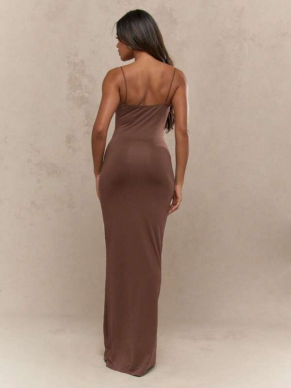 Missguided MISSGUIDED Elegant Floor Length Cami Straight Neck Form Fitting Maxi Dress