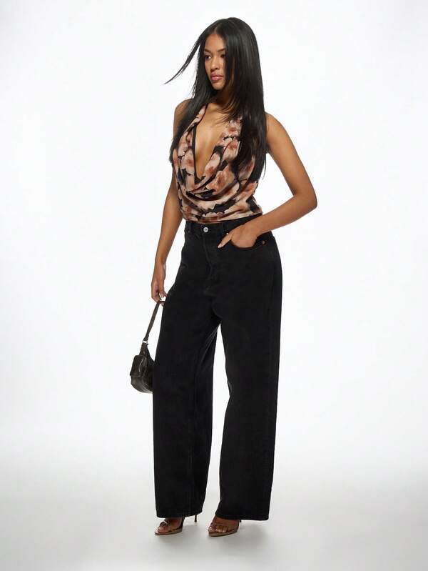 Missguided MISSGUIDED Elegant Floral Cowl Neck Halter Top
