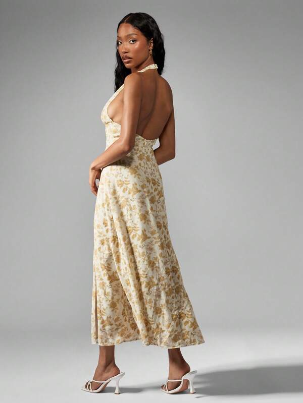 Missguided MISSGUIDED Elegant Floral Halter Neck Corset Style Midi Dress
