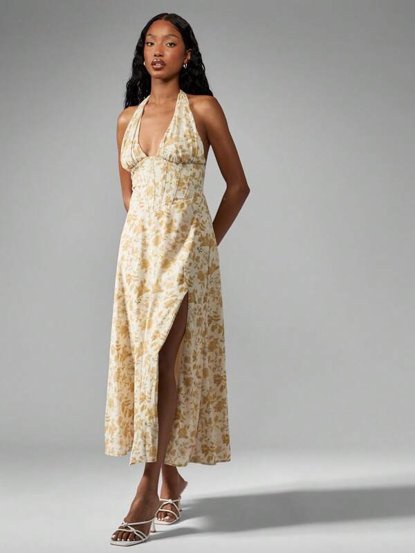 Missguided MISSGUIDED Elegant Floral Halter Neck Corset Style Midi Dress