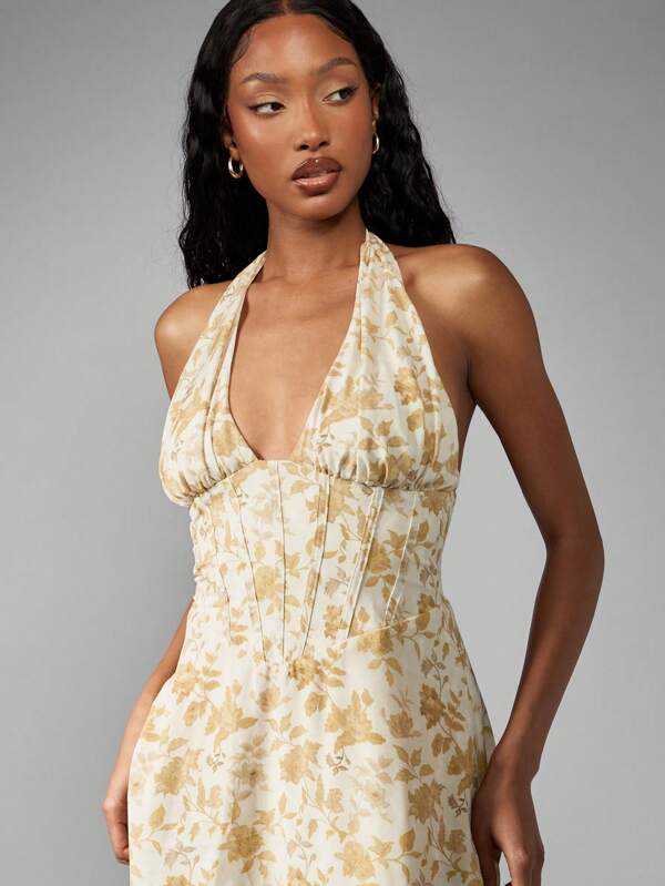 Missguided MISSGUIDED Elegant Floral Halter Neck Corset Style Midi Dress