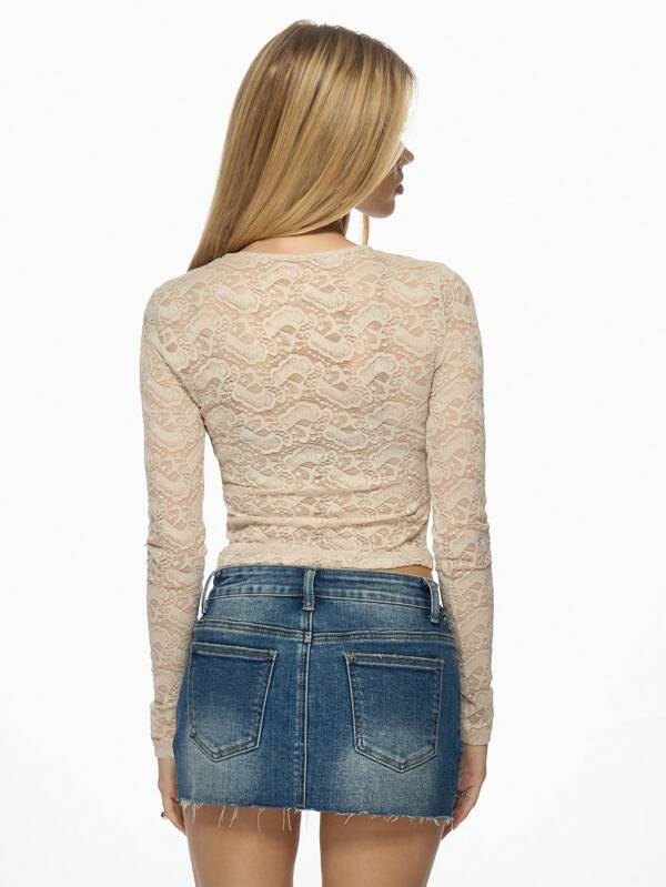 Missguided MISSGUIDED Elegant Floral Lace Long Sleeve Slim Fit Semi-Sheer Crop Top