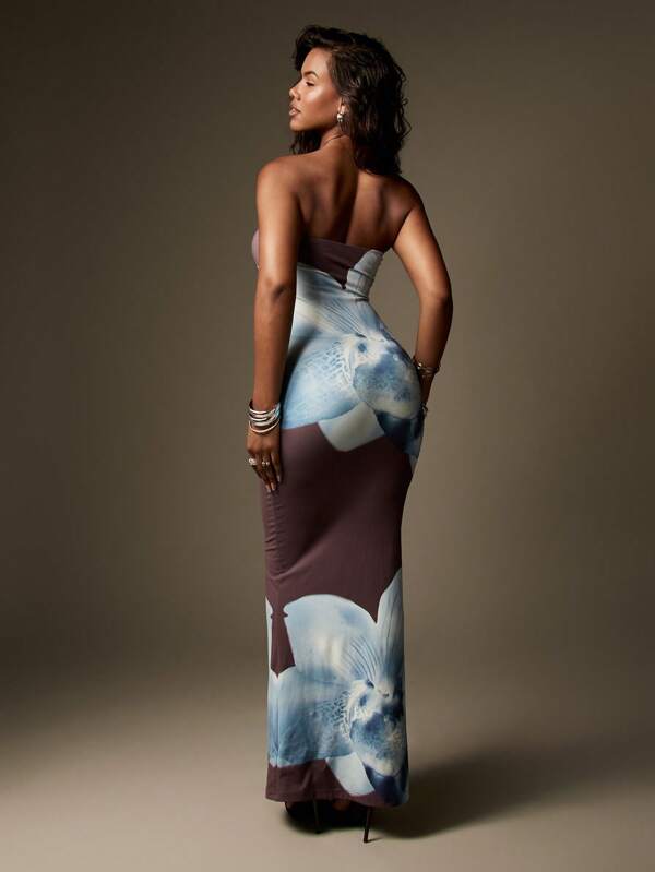 Missguided MISSGUIDED Elegant Floral Print Bandeau Strapless Maxi Dress