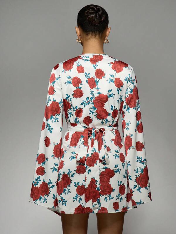 Missguided MISSGUIDED Elegant Floral Wrap Mini Dress With V-Neck And Bell Sleeves