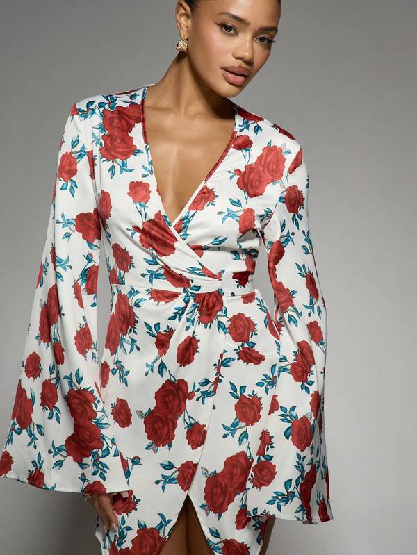 Missguided MISSGUIDED Elegant Floral Wrap Mini Dress With V-Neck And Bell Sleeves