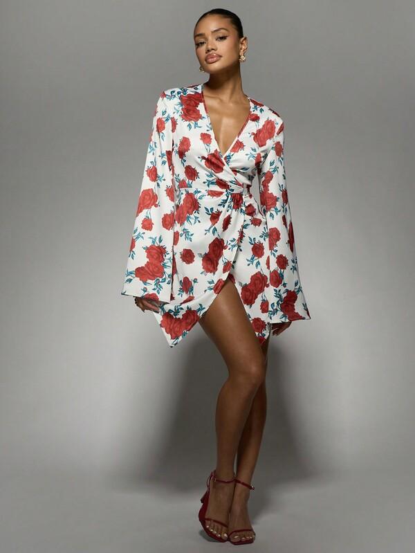 Missguided MISSGUIDED Elegant Floral Wrap Mini Dress With V-Neck And Bell Sleeves