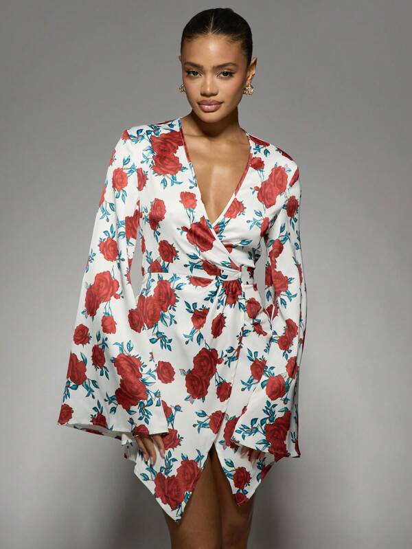 missguided MISSGUIDED Elegant Floral Wrap Mini Dress With V-Neck And Bell Sleeves