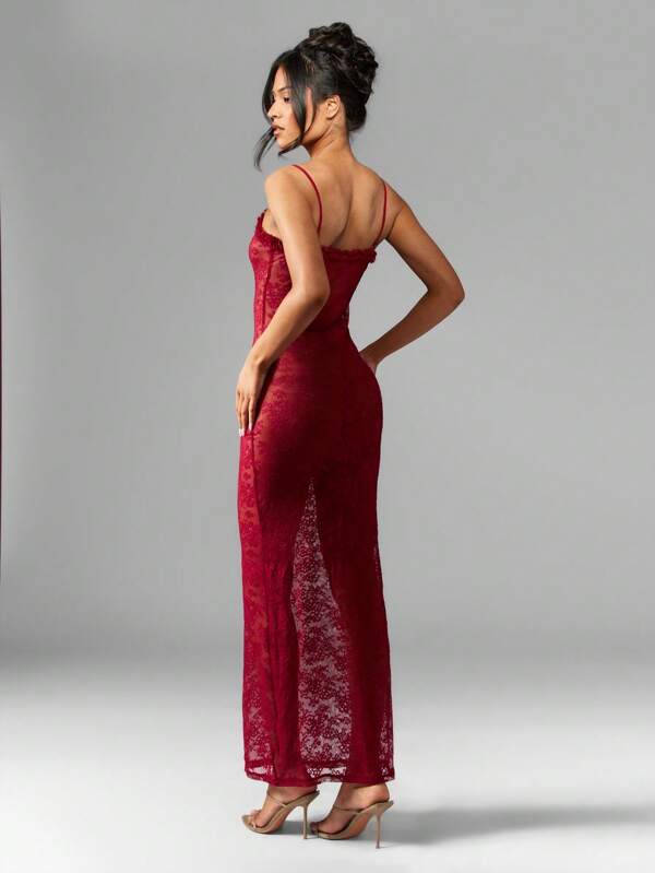 Missguided MISSGUIDED Elegant Full Length Lace Ruffle Trim Floor Length Form Fitting Maxi Dress