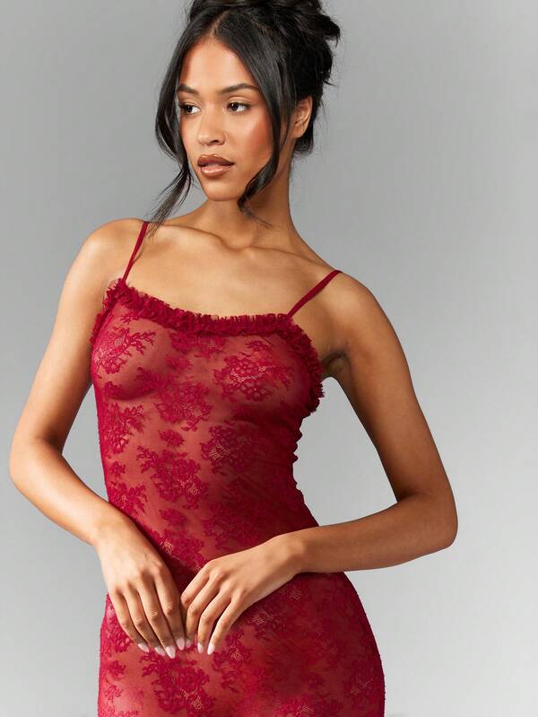 Missguided MISSGUIDED Elegant Full Length Lace Ruffle Trim Floor Length Form Fitting Maxi Dress