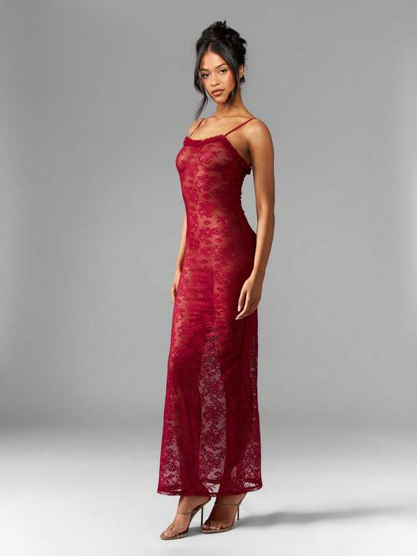 Missguided MISSGUIDED Elegant Full Length Lace Ruffle Trim Floor Length Form Fitting Maxi Dress