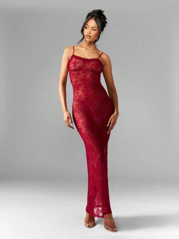 missguided MISSGUIDED Elegant Full Length Lace Ruffle Trim Floor Length Form Fitting Maxi Dress