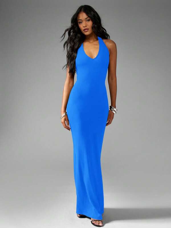 missguided MISSGUIDED Elegant Halter Neck Fishtail Floor Length Backless Maxi Dress