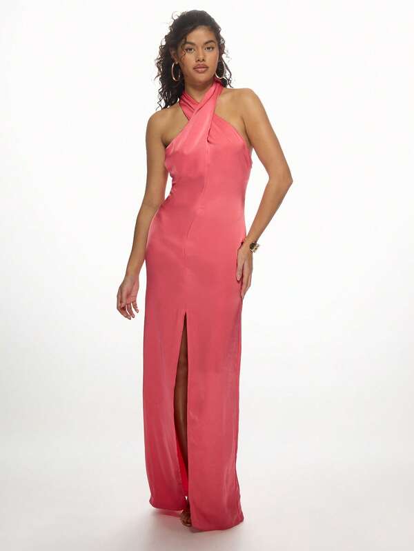 Missguided MISSGUIDED Elegant Halter Neck Maxi Long Dress With Front Slit