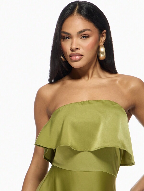 Missguided MISSGUIDED Elegant High-Low Strapless Evening Maxi Dress With Ruffle Overlay