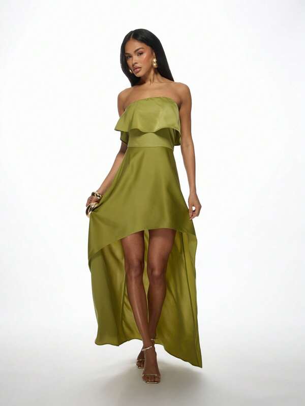 missguided MISSGUIDED Elegant High-Low Strapless Evening Maxi Dress With Ruffle Overlay