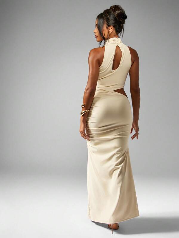 Missguided MISSGUIDED Elegant High Neck Cut Out Sleeveless Form Fitting Ruched Maxi Dress