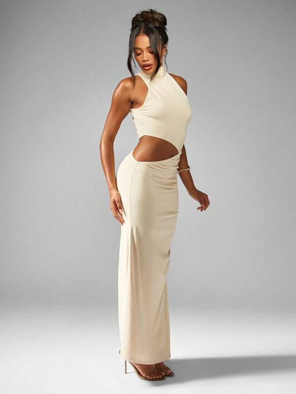 Missguided MISSGUIDED Elegant High Neck Cut Out Sleeveless Form Fitting Ruched Maxi Dress