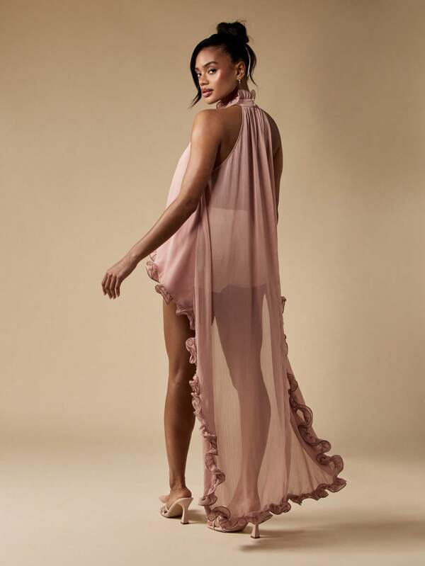 Missguided MISSGUIDED Elegant High Neck Ruffle Trimmed Chiffon Blouse High Low Hem