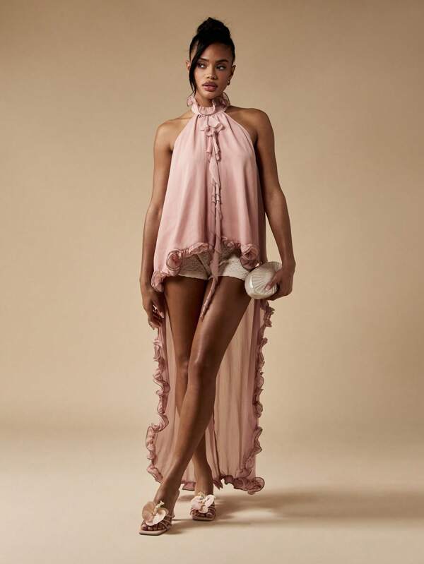 missguided MISSGUIDED Elegant High Neck Ruffle Trimmed Chiffon Blouse High Low Hem