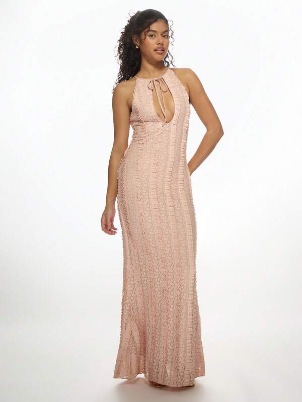Missguided MISSGUIDED Elegant Lace Crochet Keyhole Mermaid Long Floor Length Sleeveless Dress