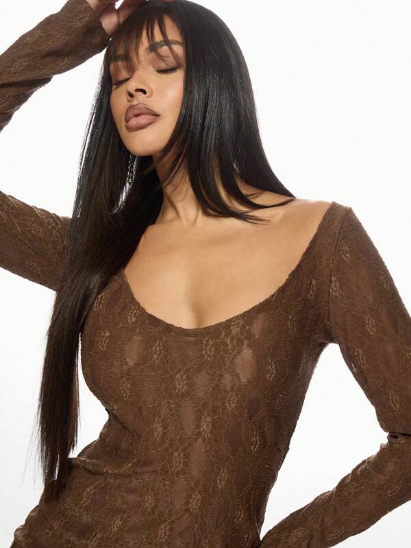 Missguided MISSGUIDED Elegant Lace Long Sleeve Bodycon Mini Dress