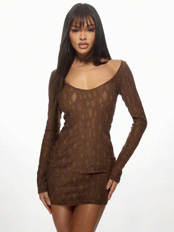 missguided MISSGUIDED Elegant Lace Long Sleeve Bodycon Mini Dress